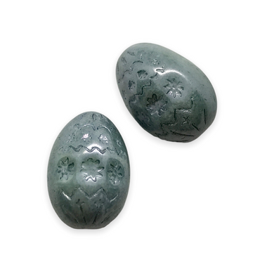 Czech glass large decorated Easter egg beads 4pc white blue luster 20x14mm-Orange Grove Beads