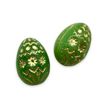 Load image into Gallery viewer, Czech glass large decorated Easter egg beads 4pc green gold 20x14mm-Orange Grove Beads
