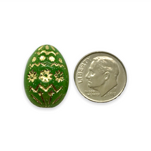 Load image into Gallery viewer, Czech glass large decorated Easter egg beads 4pc green gold 20x14mm

