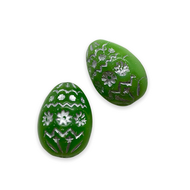 Czech glass large decorated Easter egg beads 4pc green silver 20x14mm-Orange Grove Beads
