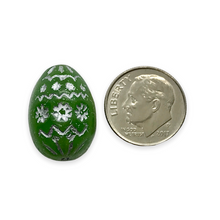 Load image into Gallery viewer, Czech glass large decorated Easter egg beads 4pc green silver 20x14mm
