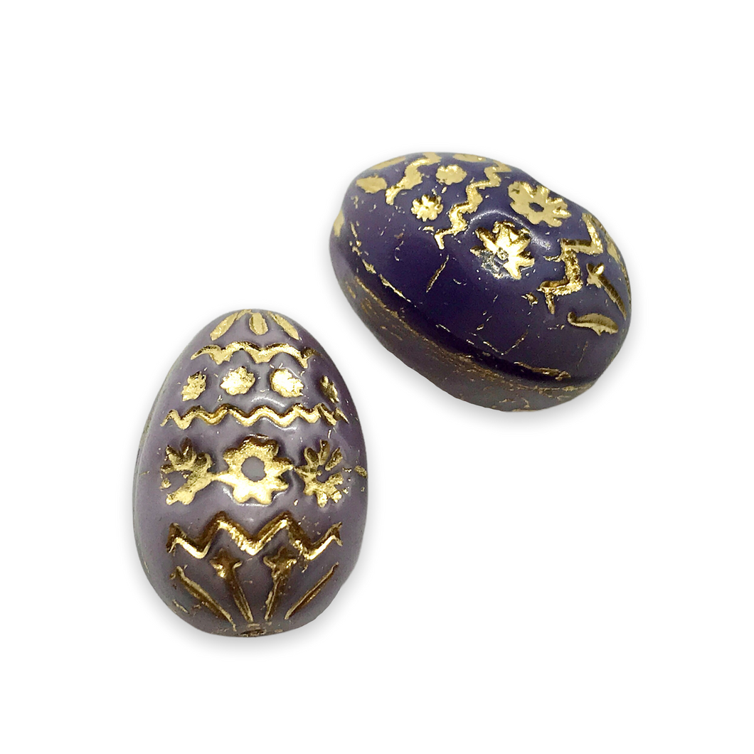 Czech glass large decorated Easter egg beads 4pc purple gold 20x14mm-Orange Grove Beads