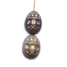 Load image into Gallery viewer, Czech glass large decorated Easter egg beads 4pc purple gold 20x14mm
