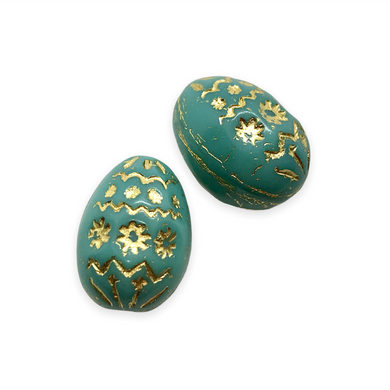 Czech glass large decorated Easter egg beads 4pc turquoise gold 20x14mm-Orange Grove Beads
