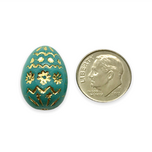Load image into Gallery viewer, Czech glass large decorated Easter egg beads 4pc turquoise gold 20x14mm

