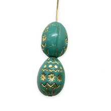 Load image into Gallery viewer, Czech glass large decorated Easter egg beads 4pc turquoise gold 20x14mm

