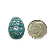 Load image into Gallery viewer, Czech glass large decorated Easter egg beads 4pc turquoise silver 20x14mm
