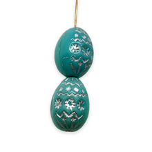 Load image into Gallery viewer, Czech glass large decorated Easter egg beads 4pc turquoise silver 20x14mm
