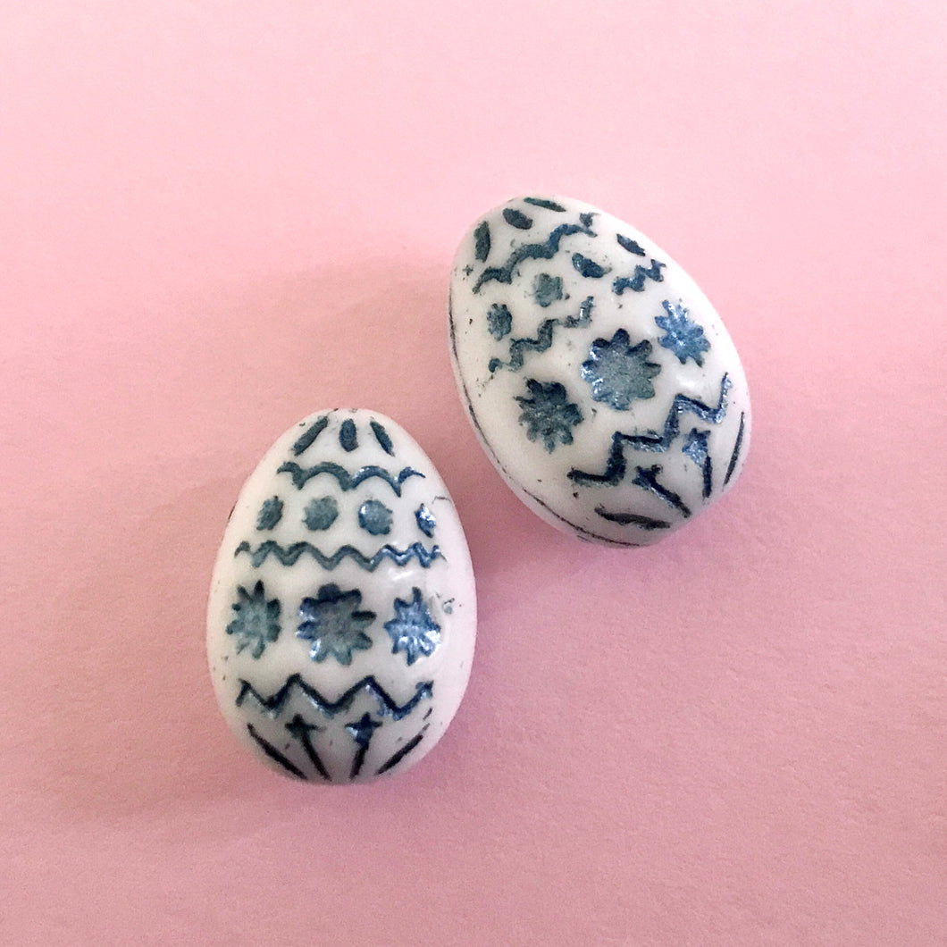 Czech glass large decorated Easter egg beads 4pc white blue decor 20x14mm-Orange Grove Beads