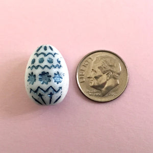 Czech glass large decorated Easter egg beads 4pc white blue decor 20x14mm