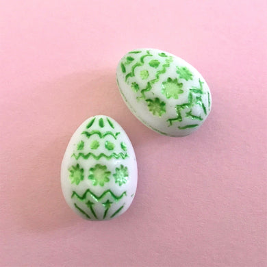 Czech glass large decorated Easter egg beads 4pc white green decor 20x14mm-Orange grove Beads