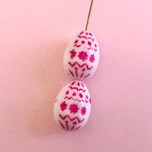 Load image into Gallery viewer, Czech glass large decorated Easter egg beads 4pc white pink decor 20x14mm
