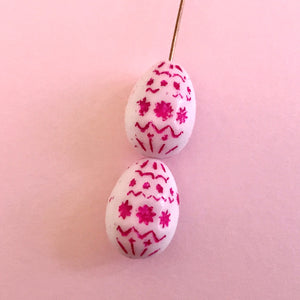 Czech glass large decorated Easter egg beads 4pc white pink decor 20x14mm