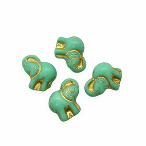 Czech glass elephant beads charms 4pc blue green turquoise gold 20mm vertical drill-Orange Grove Beads