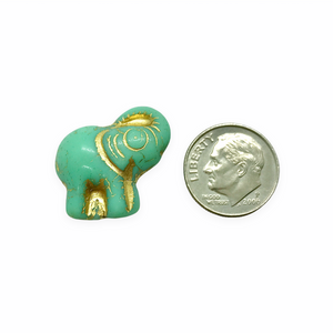 Czech glass elephant beads 4pc turquoise gold 20mm