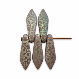 Czech glass floral print dagger beads 25pc matte opaque lilac AB 15x5mm-Orange Grove Beads