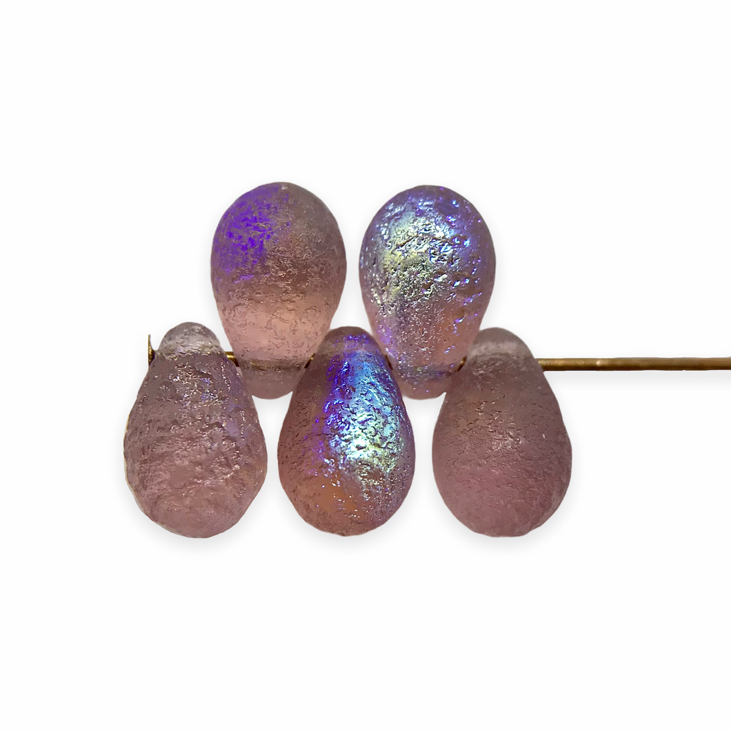 Czech glass etched teardrop beads 25pc amethyst purple AB 9x6mm