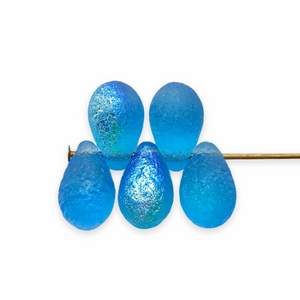 Czech glass acid etched teardrop beads 25pc aqua blue AB 9x6mm-Orange Grove Beads