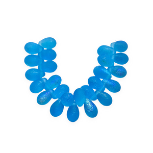 Czech glass acid etched teardrop beads 25pc aqua blue AB 9x6mm