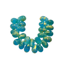 Load image into Gallery viewer, Czech glass etched teardrop beads 25pc aqua blue with gold 9x6mm
