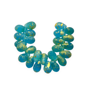 Czech glass etched teardrop beads 25pc aqua blue with gold 9x6mm