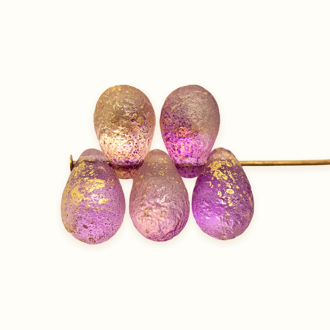 Czech glass acid etched teardrop beads 25pc crystal pink gold 9x6mm