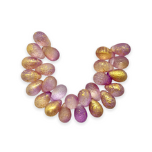 Load image into Gallery viewer, Czech glass acid etched teardrop beads 25pc crystal pink gold 9x6mm-Orange Grove Beads
