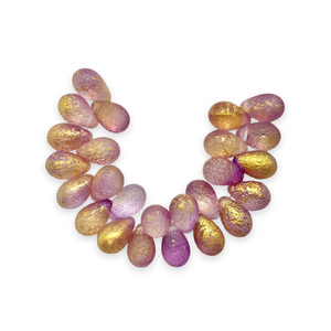 Czech glass acid etched teardrop beads 25pc crystal pink gold 9x6mm-Orange Grove Beads