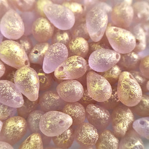 Czech glass etched teardrop beads 25pc pale purple gold 9x6mm-Orange Grove Beads