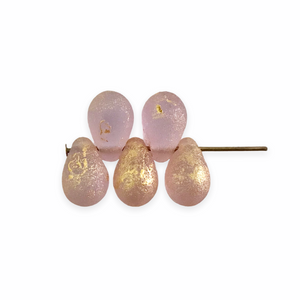 Czech glass etched teardrop beads 25pc pale purple gold 9x6mm