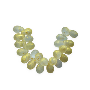 Czech glass etched teardrop beads 25pc pale blue with gold 9x6mm