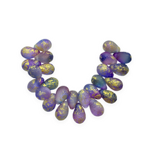 Load image into Gallery viewer, Czech glass etched teardrop beads 25pc pink purple blue with gold 9x6mm
