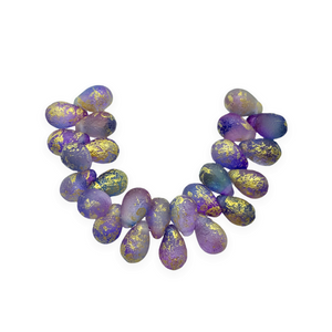 Czech glass etched teardrop beads 25pc pink purple blue with gold 9x6mm