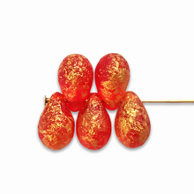 Load image into Gallery viewer, Czech glass acid etched teardrop beads 25pc red with gold 9x6mm
