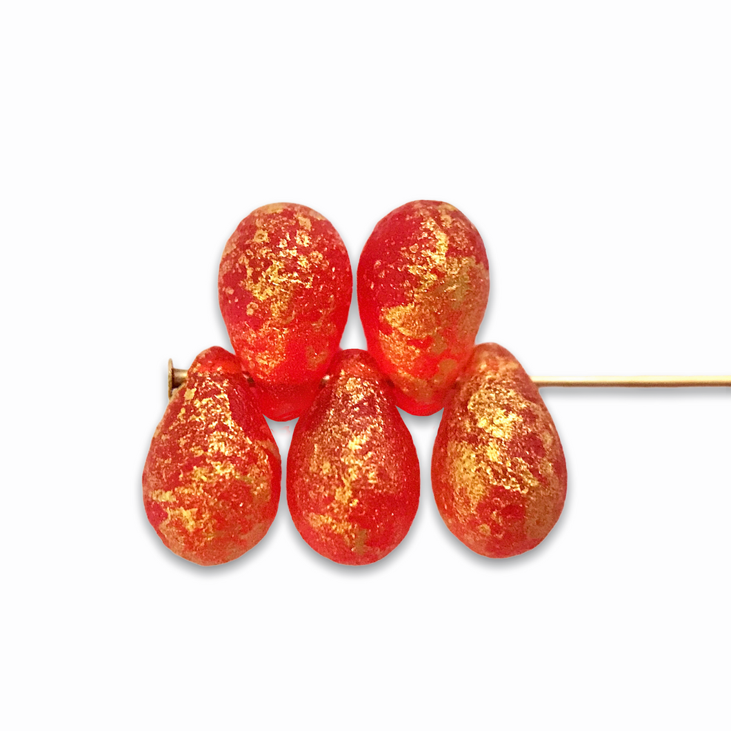 Czech glass acid etched teardrop beads 25pc red with gold 9x6mm