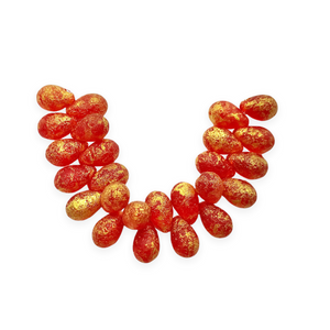 Czech glass acid etched teardrop beads 25pc red with gold 9x6mm-Orange Grove Beads