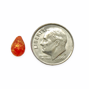 Czech glass acid etched teardrop beads 25pc red with gold 9x6mm