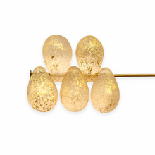 Load image into Gallery viewer, Czech glass etched teardrop beads 25pc pale pink with gold rain 9x6mm
