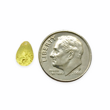Load image into Gallery viewer, Czech glass etched teardrop beads 25pc yellow with gold 9x6mm UV glow
