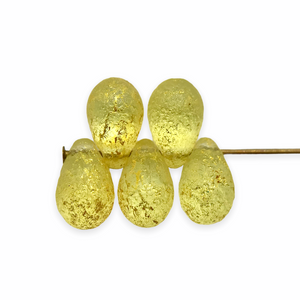 Czech glass etched teardrop beads 25pc yellow with gold 9x6mm UV glow