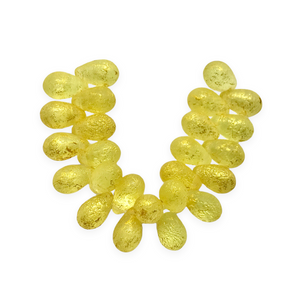 Czech glass etched teardrop beads 25pc yellow with gold 9x6mm UV glow-Orange Grove Beads