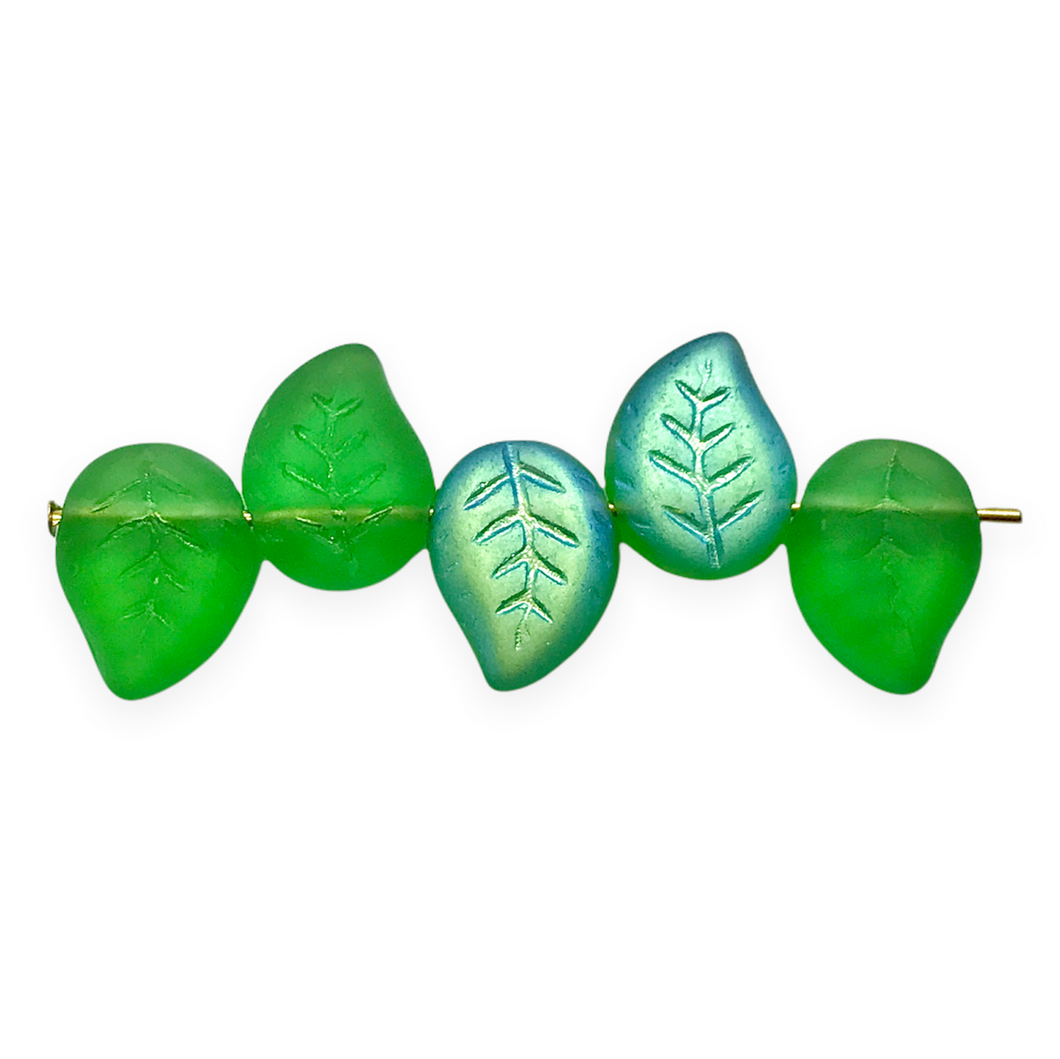 Czech glass leaf beads 20pc frosted translucent green AB 12x9mm