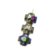 Load image into Gallery viewer, Czech glass faceted crown beads 4pc acid etched antique silver AB 15x13mm
