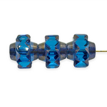 Load image into Gallery viewer, Czech glass faceted crown beads 4pc Pacific blue bronze 15x13mm

