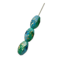 Load image into Gallery viewer, Czech glass faceted oval beads 8pc Pacific blue green gold rain 12x8mm
