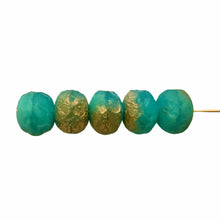 Load image into Gallery viewer, Czech glass acid etched faceted rondelle beads12pc aqua turquoise with gold 9x6mm-Orange Grove Beads
