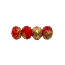 Load image into Gallery viewer, Czech glass acid etched rondelle beads 12pc red &amp; gold 9x6mm-Orange Grove Beads
