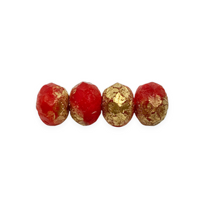 Czech glass acid etched rondelle beads 12pc red & gold 9x6mm-Orange Grove Beads