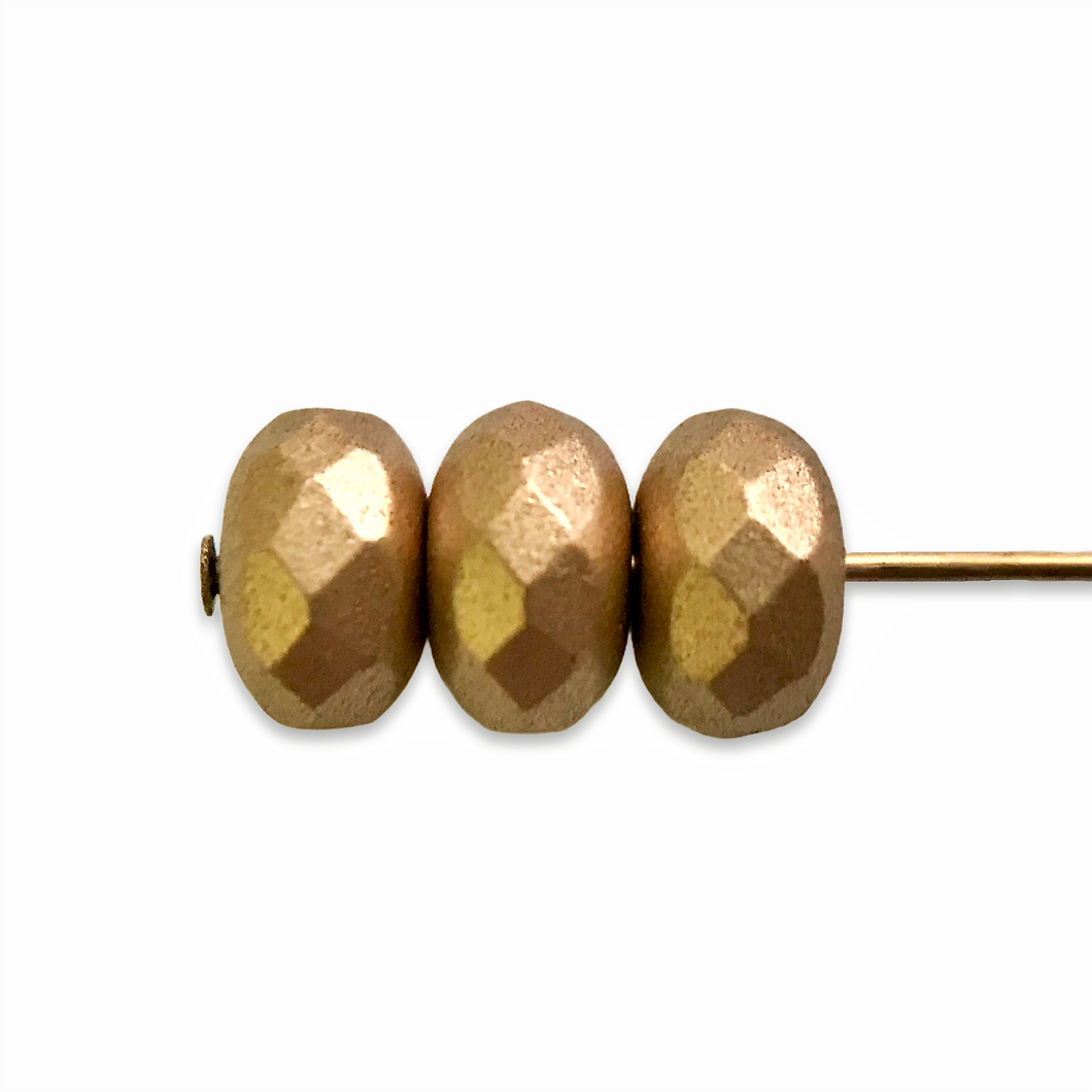 Czech glass faceted rondelle beads 25pc matte metallic gold 7x4mm-Orange Grove Beads