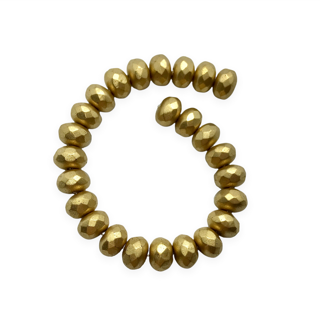 Czech glass faceted rondelle beads 25pc matte metallic gold 9x6mm